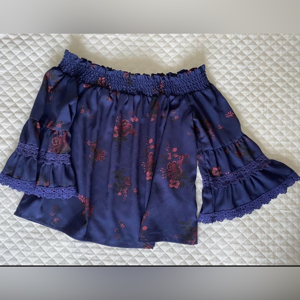 Jolt Navy Blue Floral Off the Shoulder Ruffle Top
